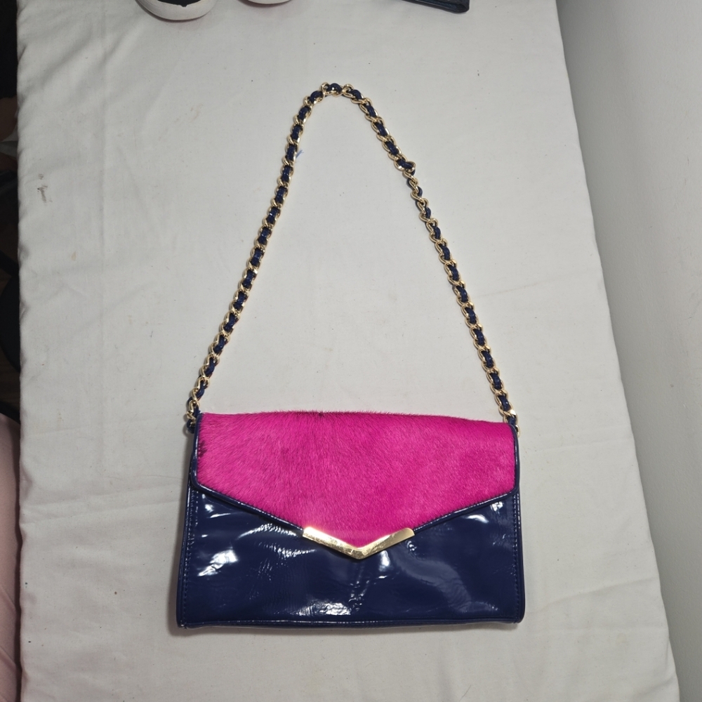 Gianni Bini blue patent and pink fur purse.